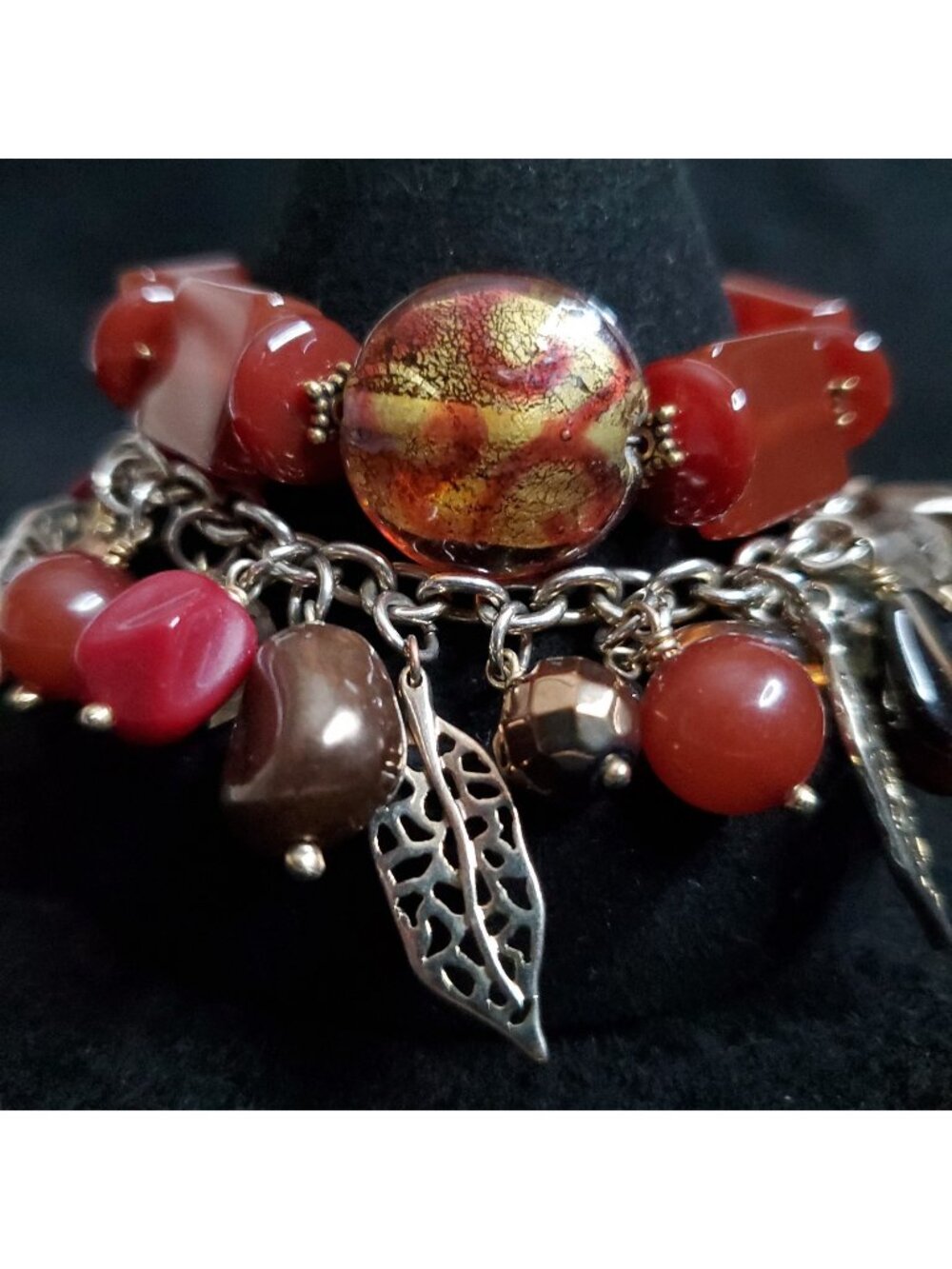 Beaded Bracelet Red Stone Glass Charm Rust Gold Tone Lot of 2